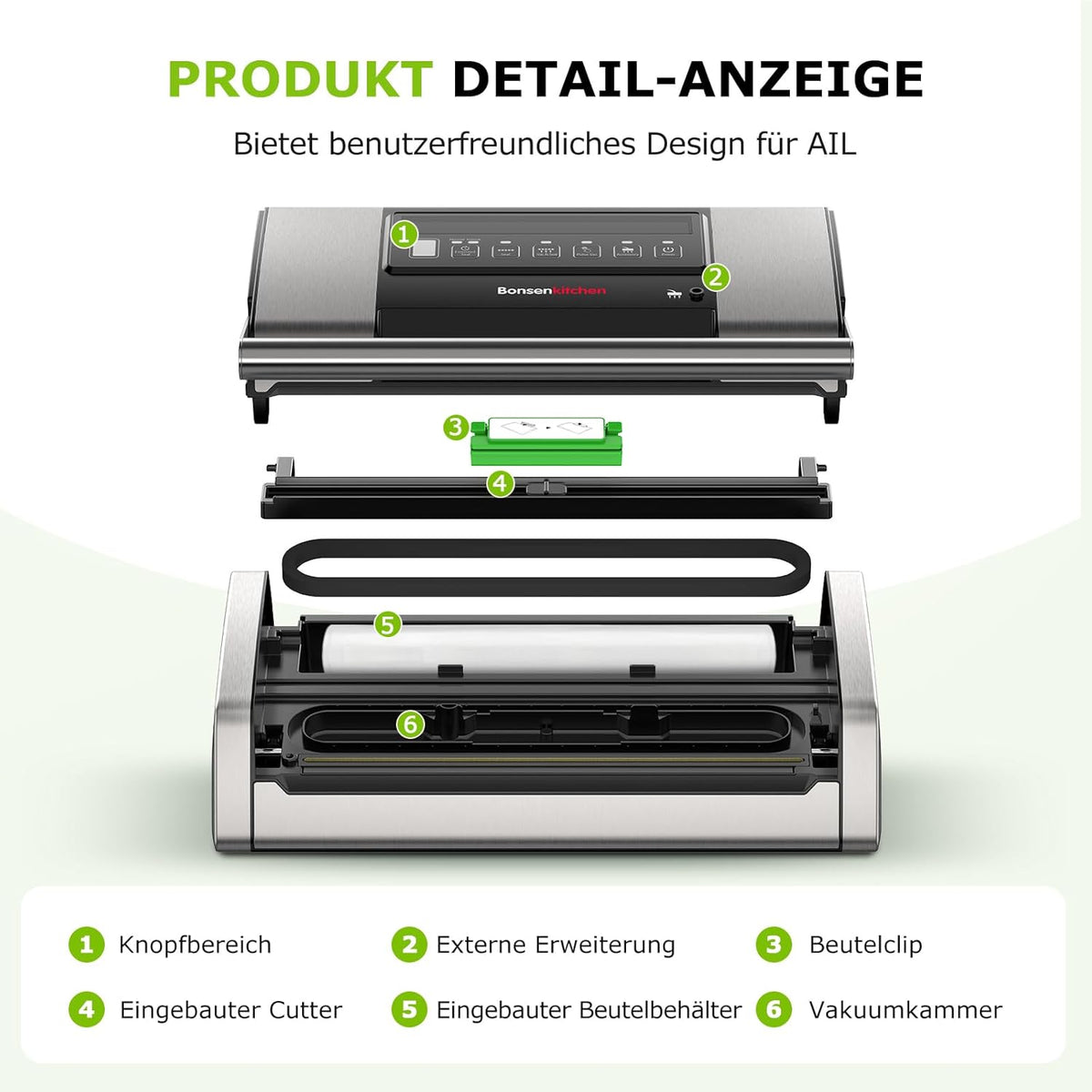 Bonsenkitchen Vacuümmachine, 15 l/min, met zakclip, greepvergrendeling en geïntegreerde snijder, voor vacuüm koken en bereiden van levensmiddelen, snelle afdichting met hoge prestaties, VS5100