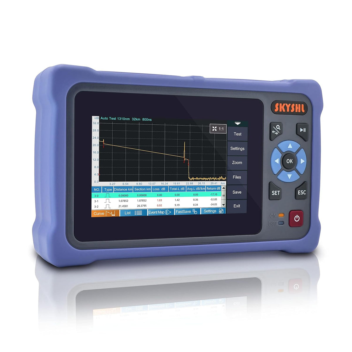 1310nm/26dB 1550nm/24dB Glasvezel OTDR Tester (Ingebouwde OPM+OLS+VFL+RJ45-kabeltracker+Evenementenkaart) SM Fiber 4,3inch Touchscreen OTDR meting (SC+FC+ST+LC UPC&APC-adapter)-SS304T-2A1