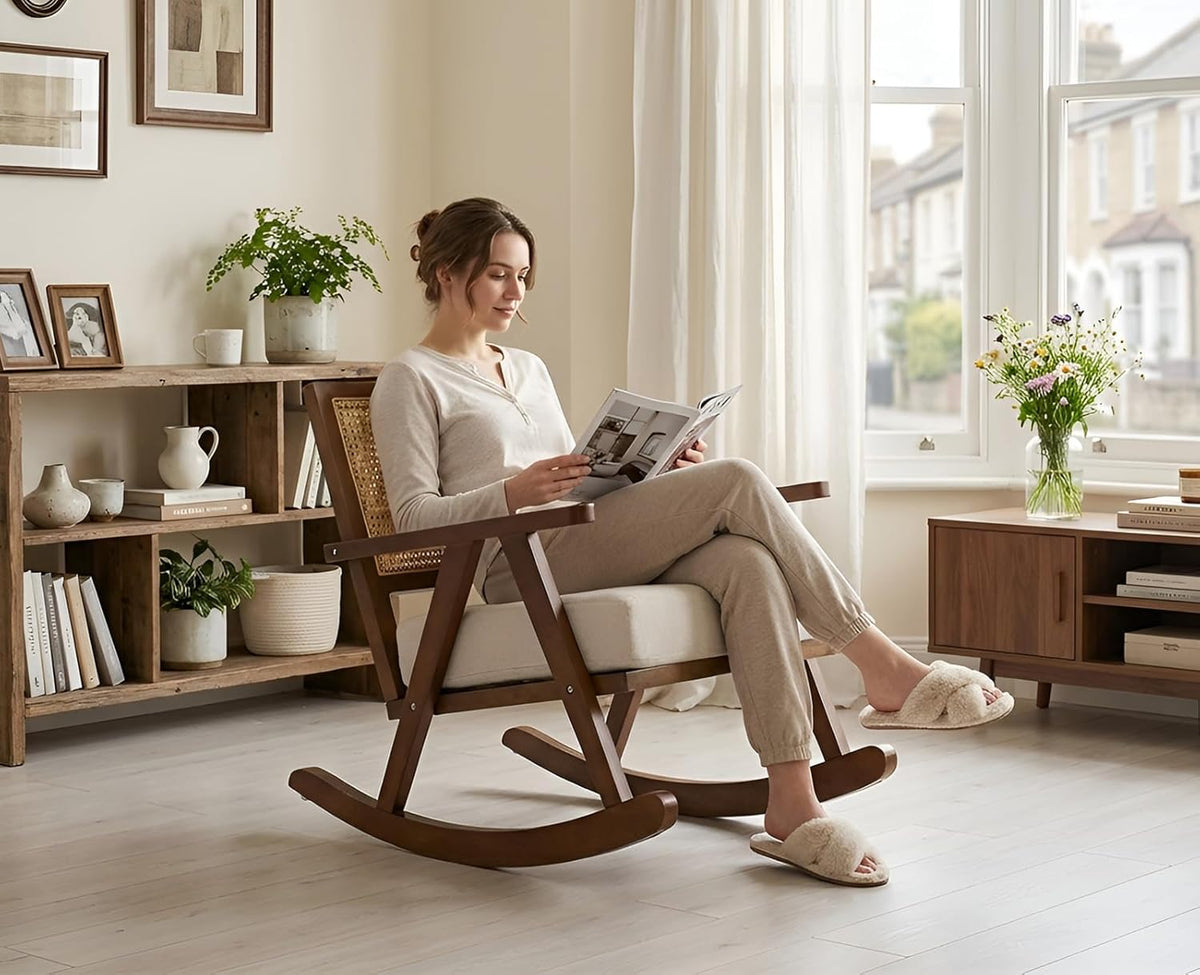 chairus Upholstered Rocking Chair for Living Room Linen Relax Chair with Rattan Backrest Leisure Lounge Recliner with Solid Wood Legs Bedroom (Brown)
