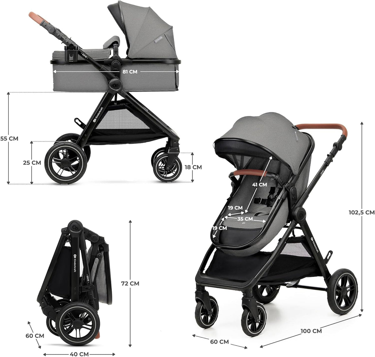 Kinderkraft ESME Mink Pro I-Size 3-in-1 autostoel met draagzak, reissysteem, babybuggy, opvouwbare kinderwagen, voor pasgeborenen tot 4 jaar, grijs