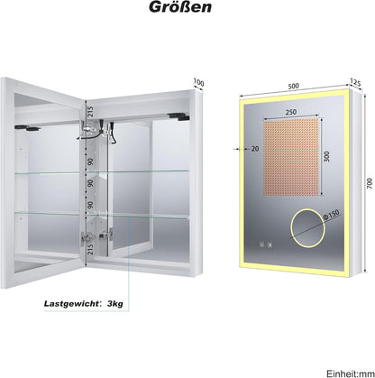 SONNI Led-spiegelkast voor badkamer, met 3-voudige vergrotingsspiegel en stopcontact, 70 x 50 cm, aluminium spiegelkast met touch-schakelaar, 3 lichtkleuren + deogging, IP44 waterdicht