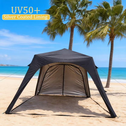 Opblaasbare koepeltent 3x3m, kampeertent voor 5–8 personen met zonweringgordijn, waterdichte UV-beschermde gazebo, eenvoudig op te zetten opblaasbare onderdak (Zwart, 3x3x2.1m)