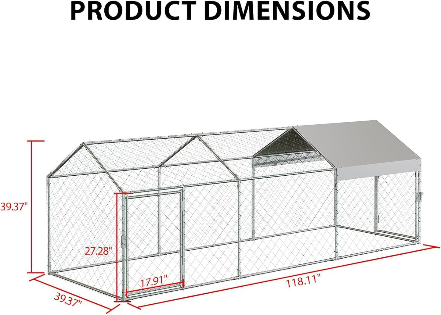 Zstar Large Chicken Coop, 304 x 100 x 100 cm, Galvanised Steel Roof Poultry House, with Sun Roof and Door, Small Animal House, Free Running for Chickens, Rabbits and Ducks in the Backyard, Silver - QUORE