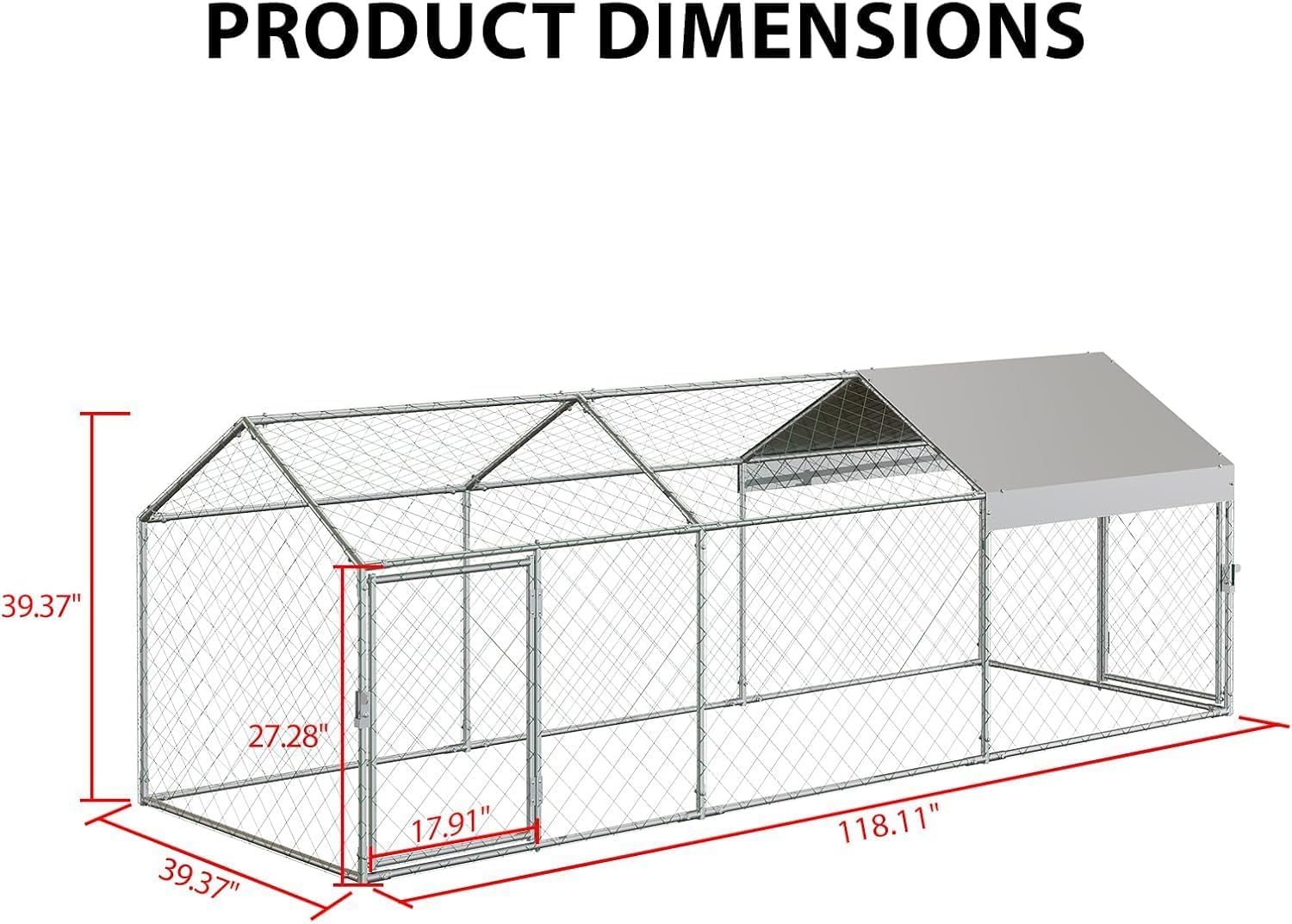 Zstar Large Chicken Coop, 304 x 100 x 100 cm, Galvanised Steel Roof Poultry House, with Sun Roof and Door, Small Animal House, Free Running for Chickens, Rabbits and Ducks in the Backyard, Silver - QUORE
