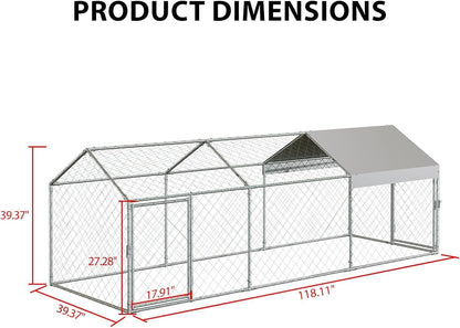 Zstar Large Chicken Coop, 304 x 100 x 100 cm, Galvanised Steel Roof Poultry House, with Sun Roof and Door, Small Animal House, Free Running for Chickens, Rabbits and Ducks in the Backyard, Silver - QUORE