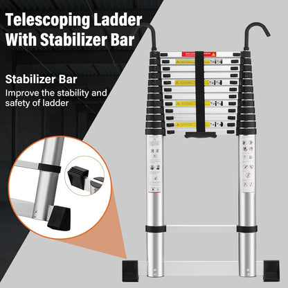 TEENO Telescopische ladder, 5 m, inklapbaar, van aluminium, met stabilisatorstang en afneembare haak, maximale belasting 150 kg