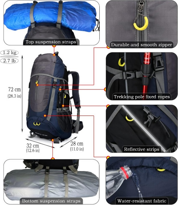 Wandelrugzak - Kampeertas - Trekking rugzak - Camping Essentials Tas - 70L - Lichtgewicht - Waterdichte - Nylon - Donkerblauw