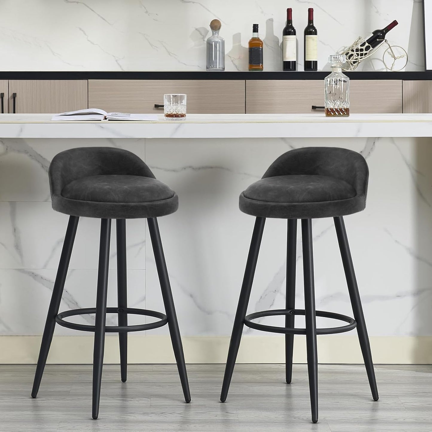 Barkruk Set van 2 - Stoel - Kleine stoel - Keukenstoel - 37,5 cm x 34 cm - Antraciet - QUORE