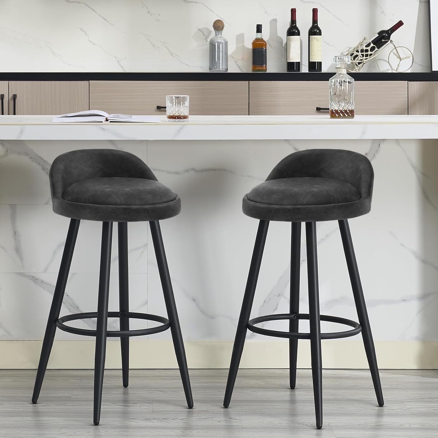 Barkruk Set van 2 - Stoel - Kleine stoel - Keukenstoel - 37,5 cm x 34 cm - Antraciet - QUORE