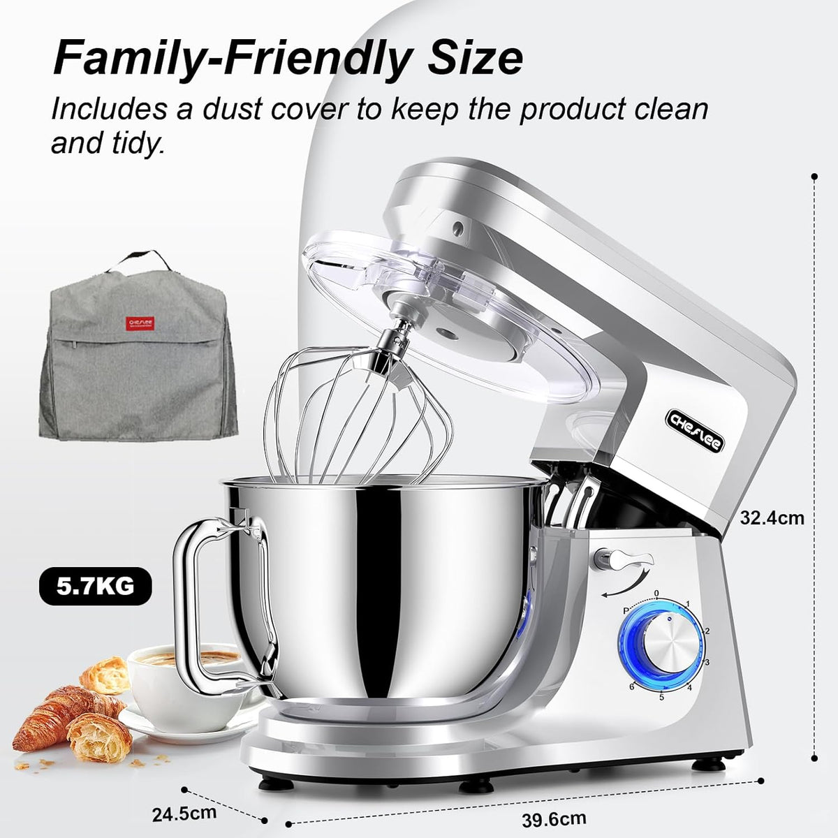 CHeflee Keukenmachine, 1800 W, krachtige kneedmachine, met kneed- en roerfunctie, 6 snelheden, geluidsarme deegkneedmachine, 7,2 liter, roestvrijstalen kom, deeghaak en garde, spatbescherming