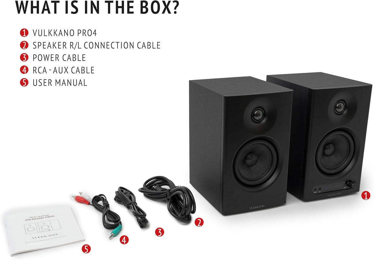 VULKKANO PRO4 Studio monitoren met 4 inch Woofer, Bluetooth, symmetrische TRS-ingang, RCA, hoofdtelefoonuitgang, AUX, optisch, EQ-instellingen, luidspreker voor monitor