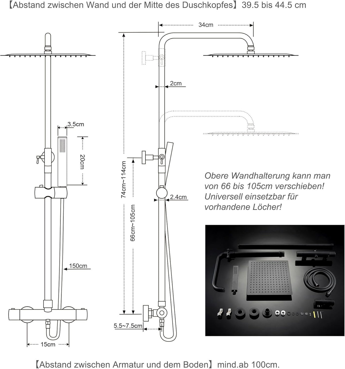 Douchekolom Thermostatisch – Doucheset – Regendouche – Douchesysteem – Douchekraan – Mat Zwart – Hoogte Verstelbaar – Roestvrijstalen Vierkante Douchekop 30x30 cm