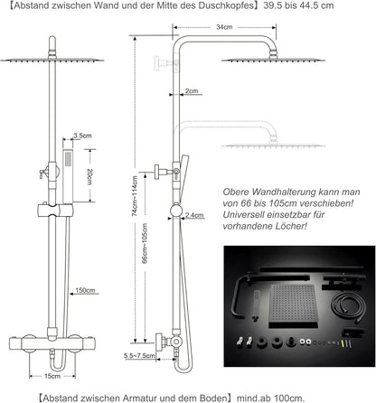 Douchekolom Thermostatisch – Doucheset – Regendouche – Douchesysteem – Douchekraan – Mat Zwart – Hoogte Verstelbaar – Roestvrijstalen Vierkante Douchekop 30x30 cm