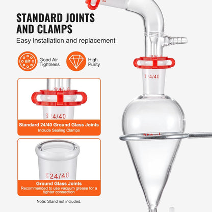 Laboratoriumglasdistillatieset – Glasdistillatieset – Laboratoriumdestillatieset – Destillatieset – Distillatieapparatuur – 32-Delige Set 1000 Ml – Hittebestendig Borosilicaatglas 3.3 – 24/40 Slijpverbindingen