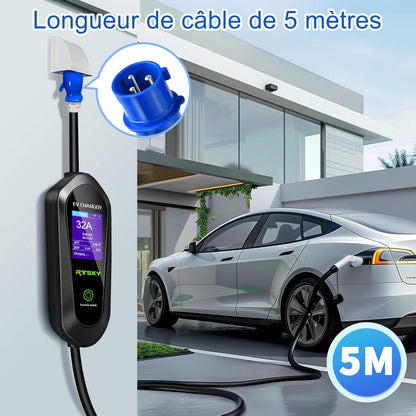 Mobile Wallbox 7 kW oplaadkabel voor elektrische auto's CEE 32 A naar type 2, Schuko eenfasig 5 m, 8-32 A oplader voor elektrische auto's met digitaal display