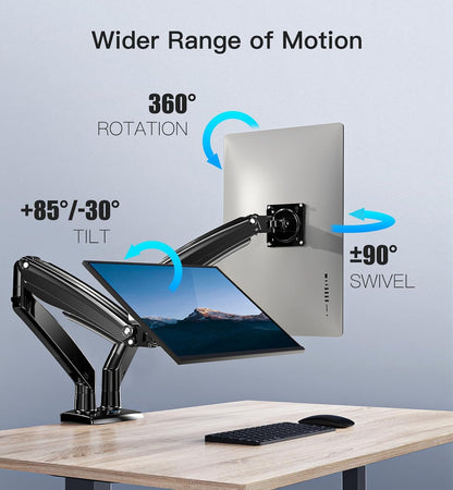 HUANUO PC-monitorstandaard 2 schermen ultra-breed van 15 tot 35 inch, arm voor pc-monitor met gasveer met USB-kabel, volledig bewegende pc-monitorarm tot 12 kg