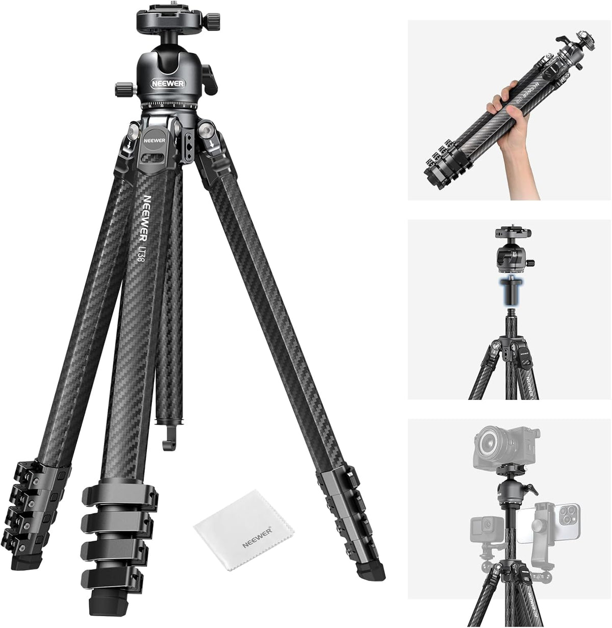 NEEWER LITETRIP LT38 61" reisstatief camera, draagbare standaard van koolstofvezel, 360° kogelkop, Arca type snelkoppelingsplaat compatibel met Peak Design Clip V3, max. belasting 22 lb