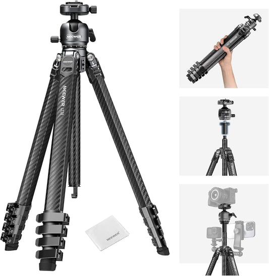 NEEWER LITETRIP LT38 61" reisstatief camera, draagbare standaard van koolstofvezel, 360° kogelkop, Arca type snelkoppelingsplaat compatibel met Peak Design Clip V3, max. belasting 22 lb