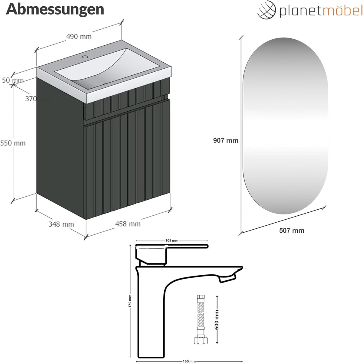 Planetmöbel Cosmia Bathroom Furniture Set Sink 50 x 60 x 35 cm Anthracite Mirror Lighting 50 cm Chrome Ceramic - QUORE