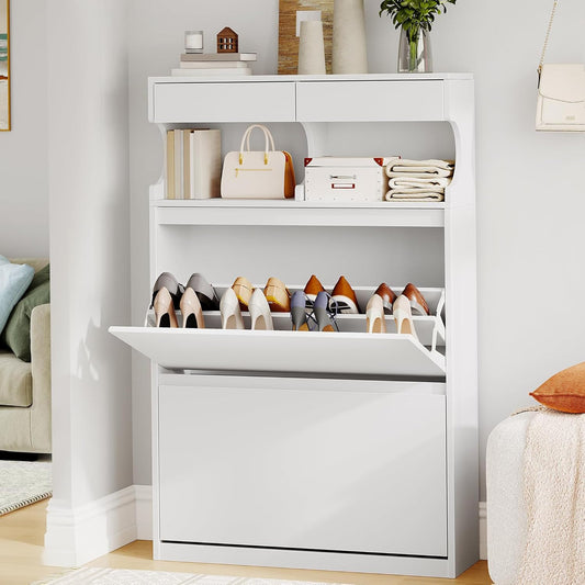 Hzuaneri Shoe Cabinet, Shoe Cabinet with 2 Flaps, 12-16 Pairs, Adjustable Divider, Large Capacity for Entrance, Hallway, Bedroom, White SR45303X