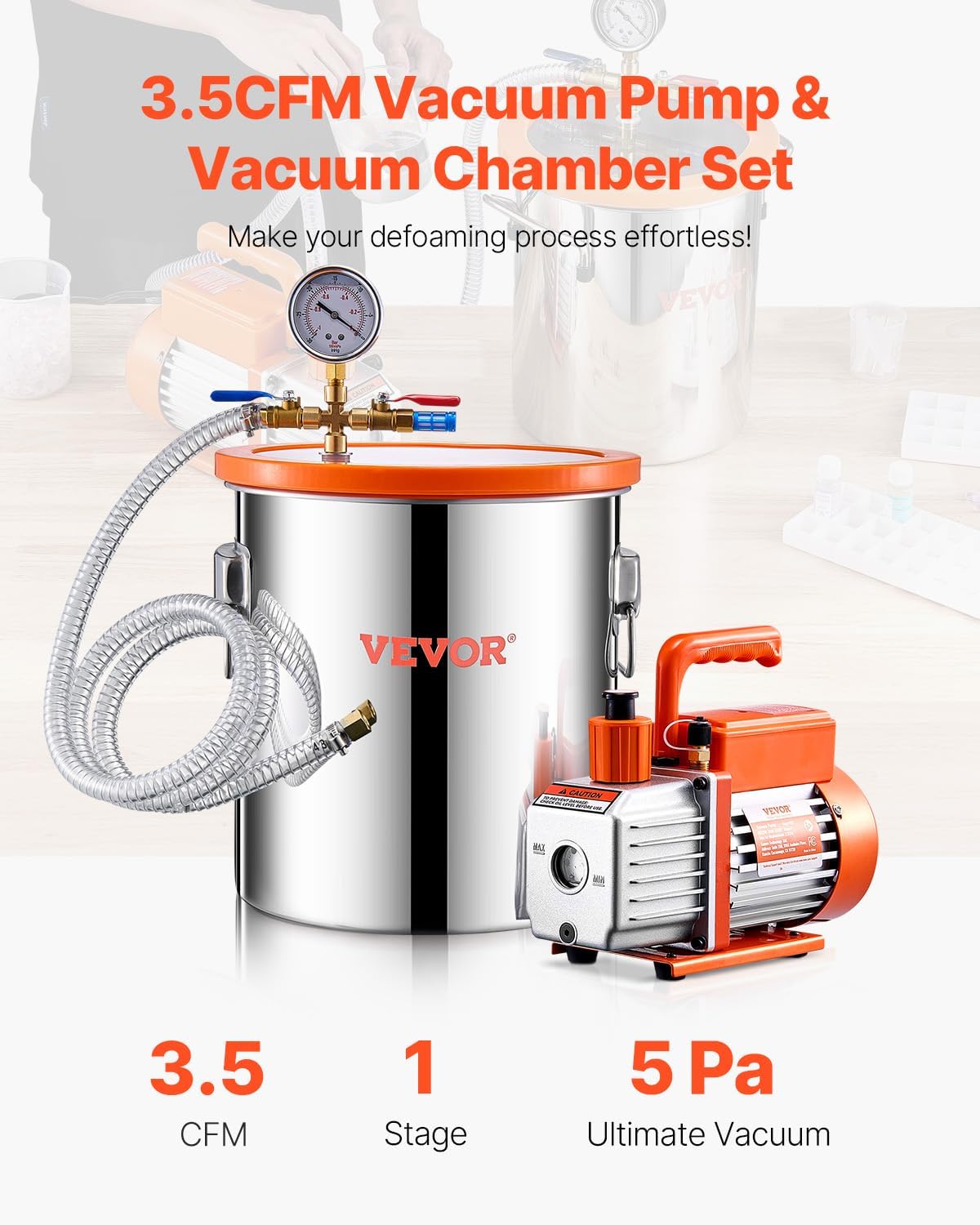 VEVOR 5 gallon vacuum chamber and 3.5 CFM pump kit, stainless steel chamber, single stage vacuum pump degassing chamber kit, with acrylic lid, oil, 1.5m hose, for degassing resin silicone epoxies