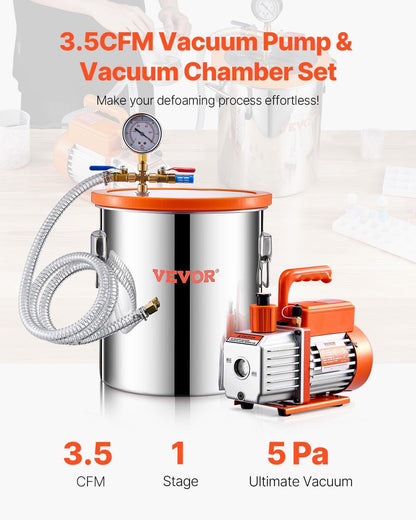VEVOR 5 gallon vacuum chamber and 3.5 CFM pump kit, stainless steel chamber, single stage vacuum pump degassing chamber kit, with acrylic lid, oil, 1.5m hose, for degassing resin silicone epoxies