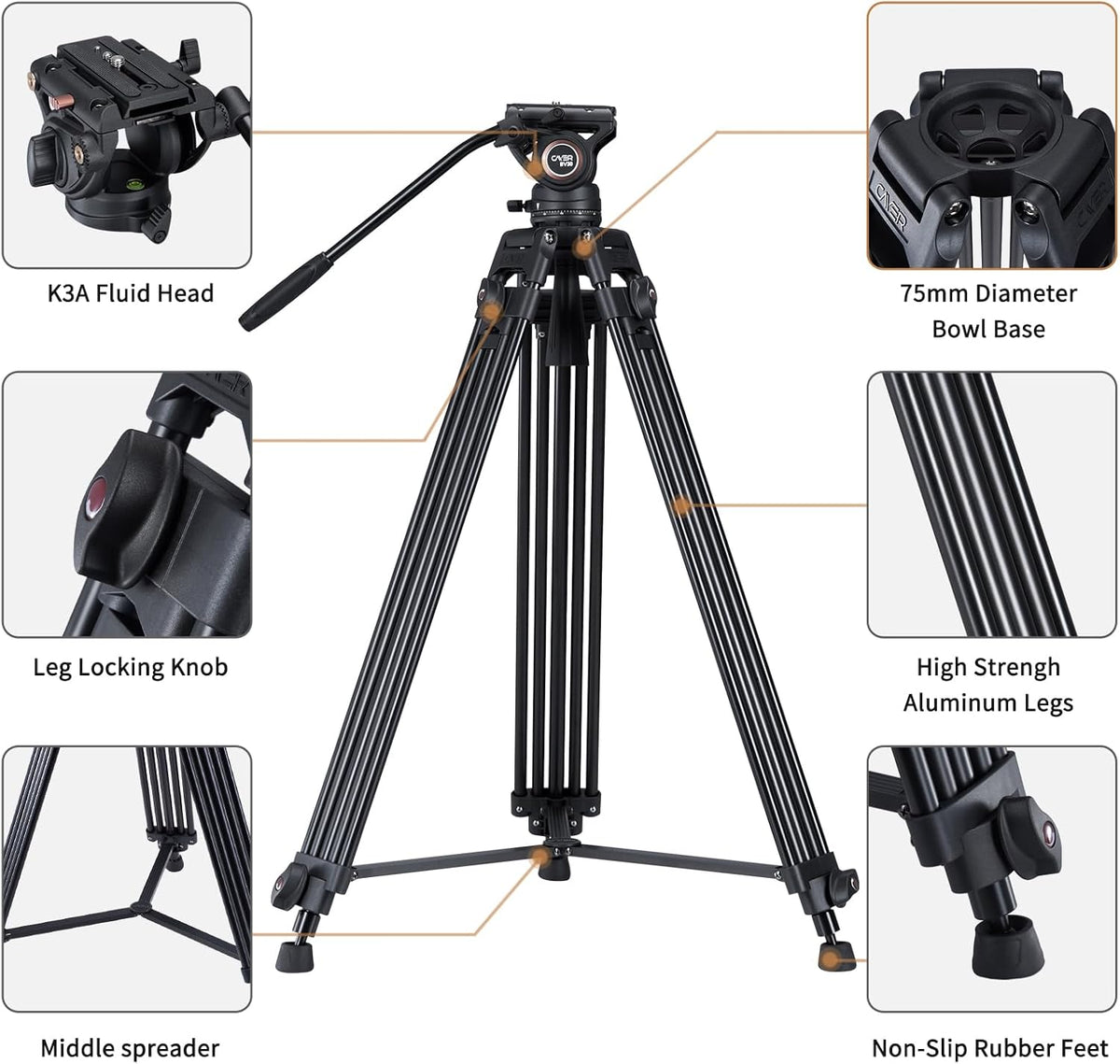 Videostatief – Camerastatief – Filmstatief – DSLR Statief – 162,5 cm Aluminium – 360° Vloeistofkop en Mid-Level Spreader
