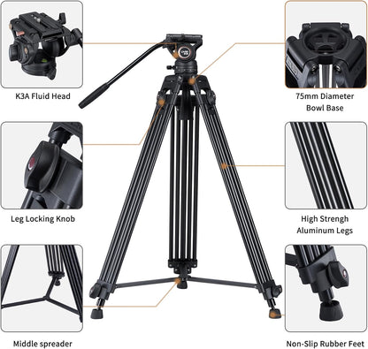 Videostatief – Camerastatief – Filmstatief – DSLR Statief – 162,5 cm Aluminium – 360° Vloeistofkop en Mid-Level Spreader