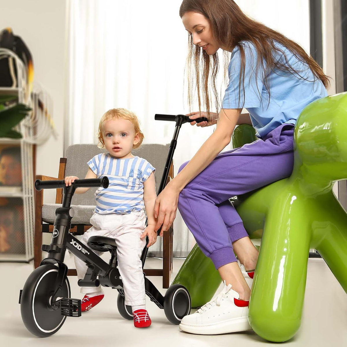 XJD 5-in-1 driewieler, loopfiets vanaf 1 jaar met duwstang voor kinderen vanaf 1 - 4 jaar, loopfiets met afneembare pedalen en verstelbare zitting, kinderdriewieler, babyfiets (zwart)
