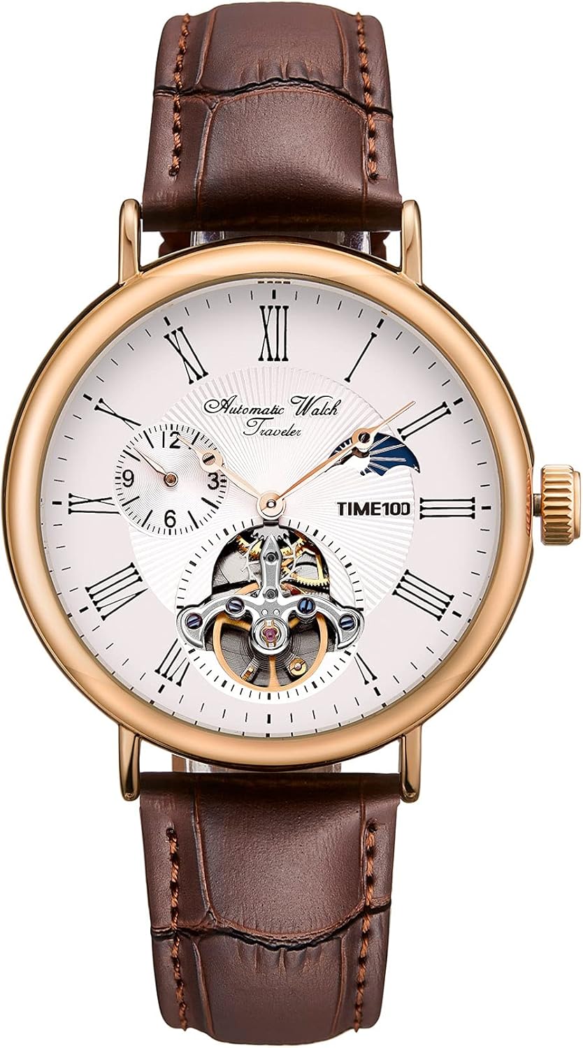 TIME100 Heren automatisch horloge Navigator-serie Tourbillon-stijl dubbele tijdzone zakelijke kalender mechanisch horloge lederen band