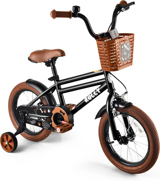 RULLY 12-16 inch jongensfiets voor kinderen van 2 tot 6 jaar, fiets met steunwielen, terugtraprem en handrem, mand vooraan - blauw, zwart, groen