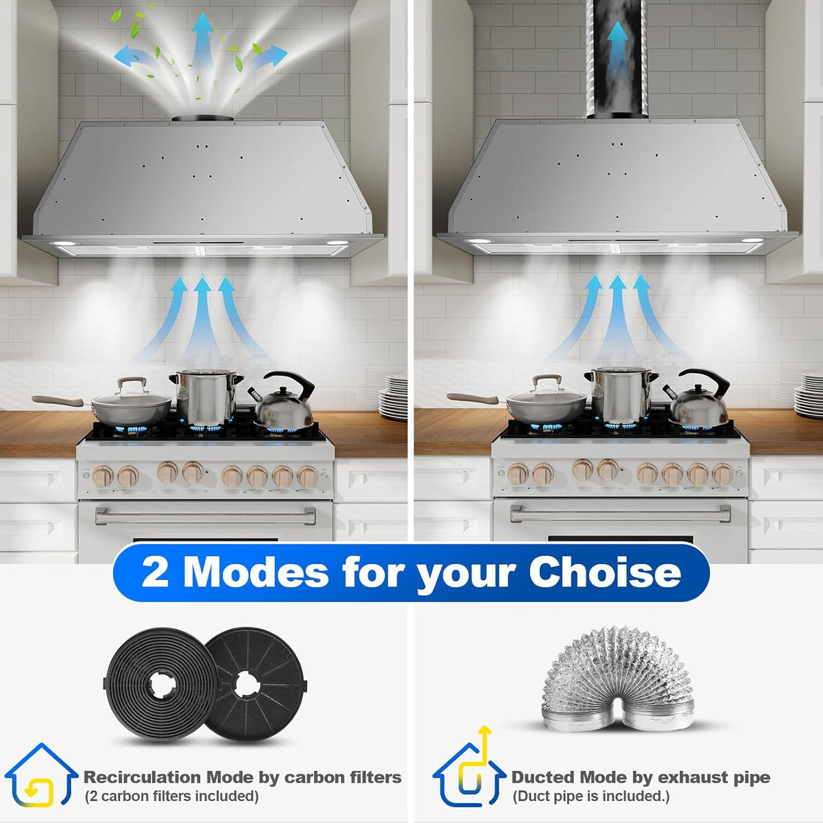 Inbouwafzuigkap van 72 cm, 400 m³/u Afzuigkap, 3 snelheden en boosterfunctie, aanraakbediening, gebarenbediening, ledverlichting, afzuiging en recirculatie