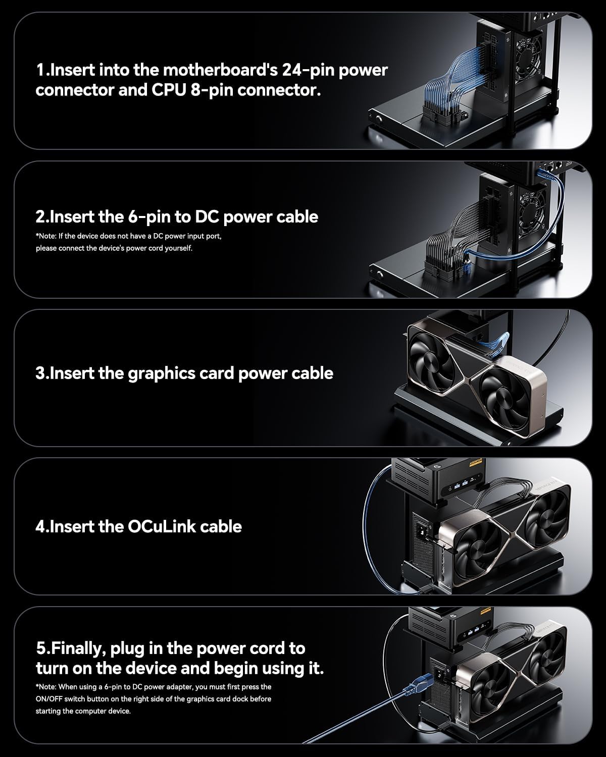 AOOSTAR EG01 eGPU Dock Station with OCuLink, External GPU Graphics Card Docking Station PCIex16 (PCIe4.0x4) 64Gbps, 150W DC, Supports ATX/SFX Standard Power Supply, for Mini Pcs/Laptops/Graphics - QUORE