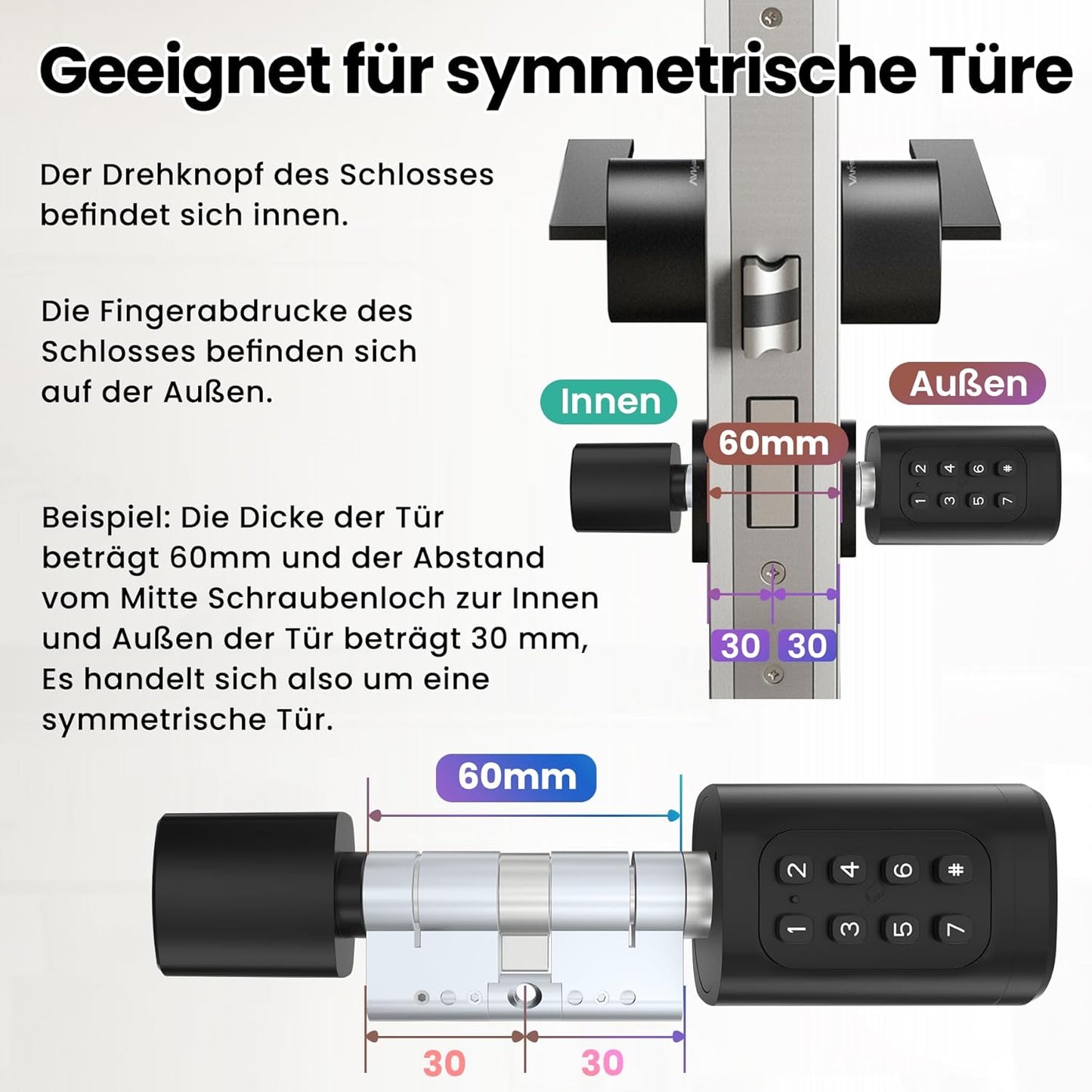AVATTO Smart deurslot met vingerafdruk en wachtwoord voor 60-90 mm deuren, de lengte van de sluitcilinder is instelbaar, met sleutel, IC-kaart, ondersteunt Smart Life App afstandsbediening
