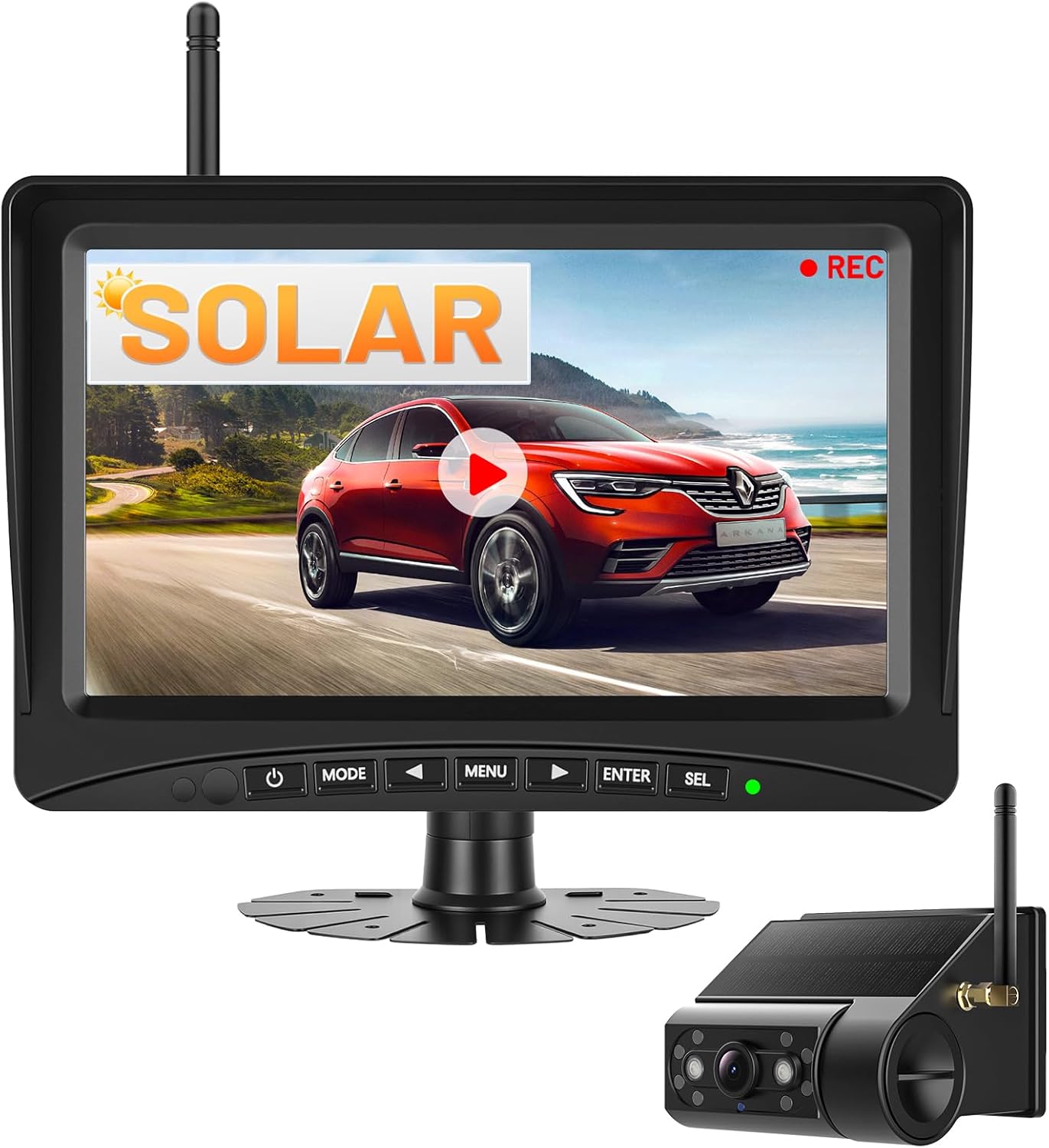 Achteruitrijcamera, draadloos, zonne-energie, 5 inch, monitor, zonne-camera, kit 1080P, HD, IR-achteruitrijcamera, nachtzicht, IP66, waterdicht, voor bestelwagens (7 inch met 1 camera)