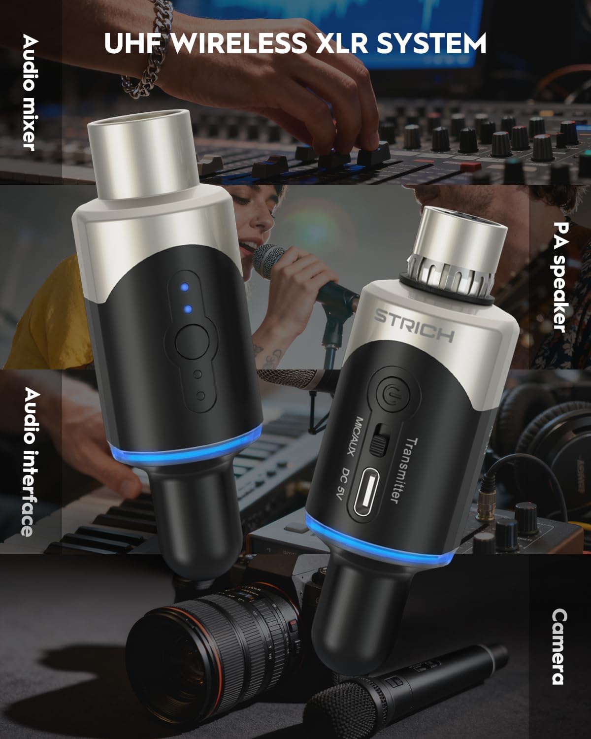 STRICH M5 UHF Draadloos XLR-microfoonsysteem, 4-kanaals zender en ontvanger voor dynamische microfoon, 61 m bereik, < 1 ms latentie, compatibel met audiomixer/PA-luidsprekers
