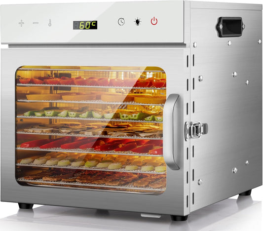 Kwasyo Droogautomaat van roestvrij staal, 8 etages met 6 dehydratiefolie, receptenboek, BPA-vrij, temperatuurinstelling van 30-90 °C, max. 24 uur, droogautomaat voor groenten, vlees, fruit