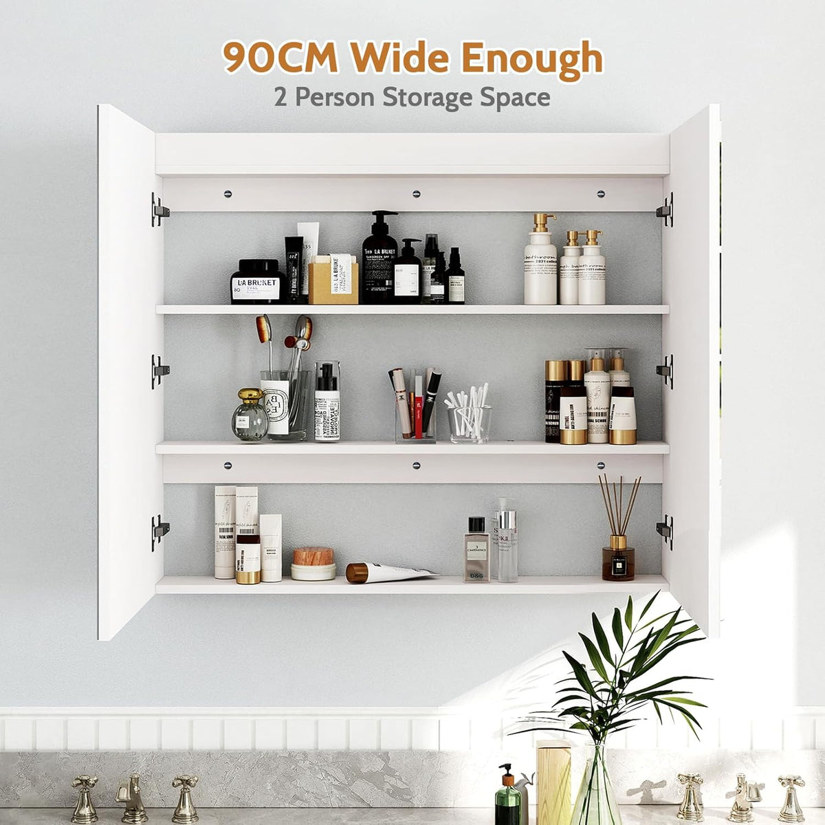 Badkamerkast – Wandkast – Spiegelkast – Medicijnkast – Opbergkast – Dubbele Spiegeldeuren – Extra Groot 90x80x13 cm – Wit Minimalistisch Design