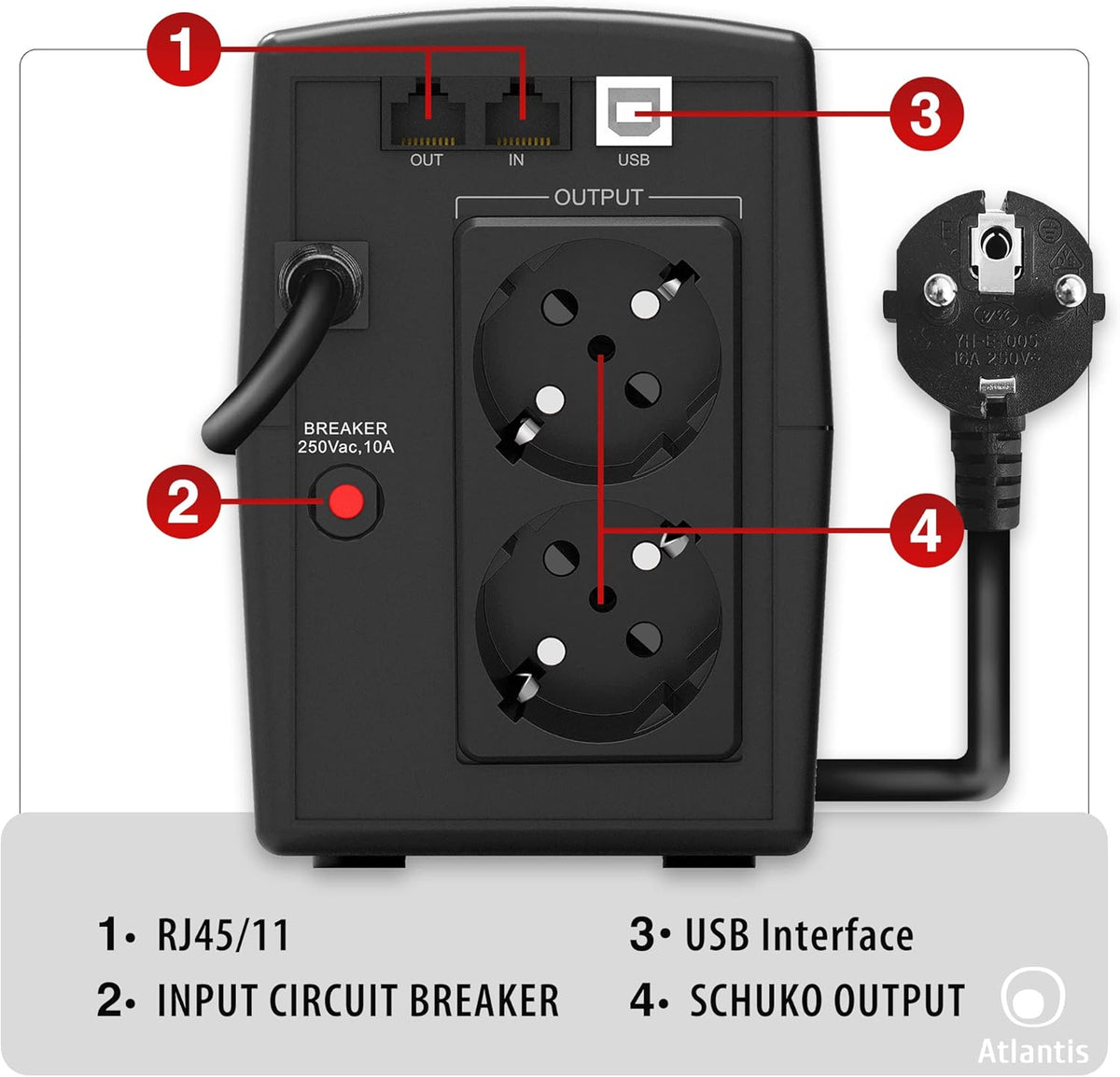 Atlantis A03-HP1003 Ononderbroken stroomvoorziening, zuivere sinusgolf, 800 VA 480 W Line Interactive, LCD-display, USB-HID-aansluiting, 2 Shuko-uitgangen + Alim-kabel, 1 accu 12 V-9 Ah,