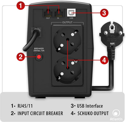 Atlantis A03-HP1003 Ononderbroken stroomvoorziening, zuivere sinusgolf, 800 VA 480 W Line Interactive, LCD-display, USB-HID-aansluiting, 2 Shuko-uitgangen + Alim-kabel, 1 accu 12 V-9 Ah,