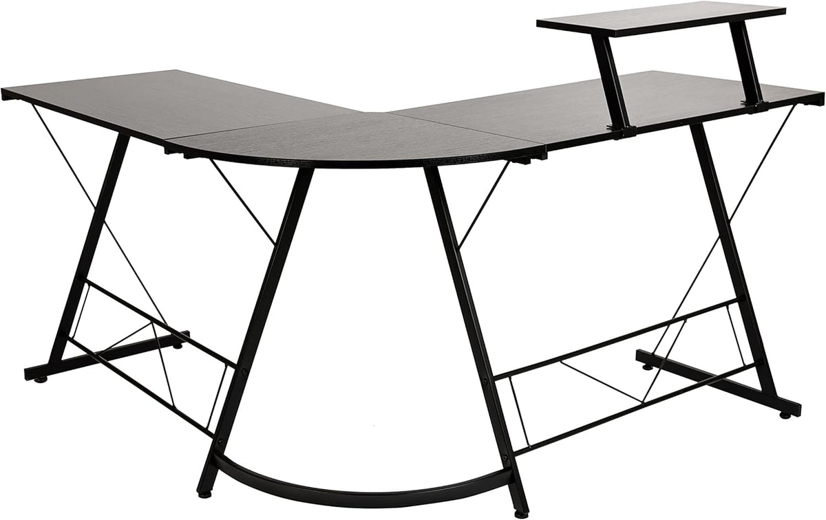 Flash Furniture Hoekbureau - zwart/zwart ruimtebesparend L-vormig gamingbureau met monitorplank - 72' 2-laags computerbureau, thuiskantoor hoekbureau, eenvoudig te monteren