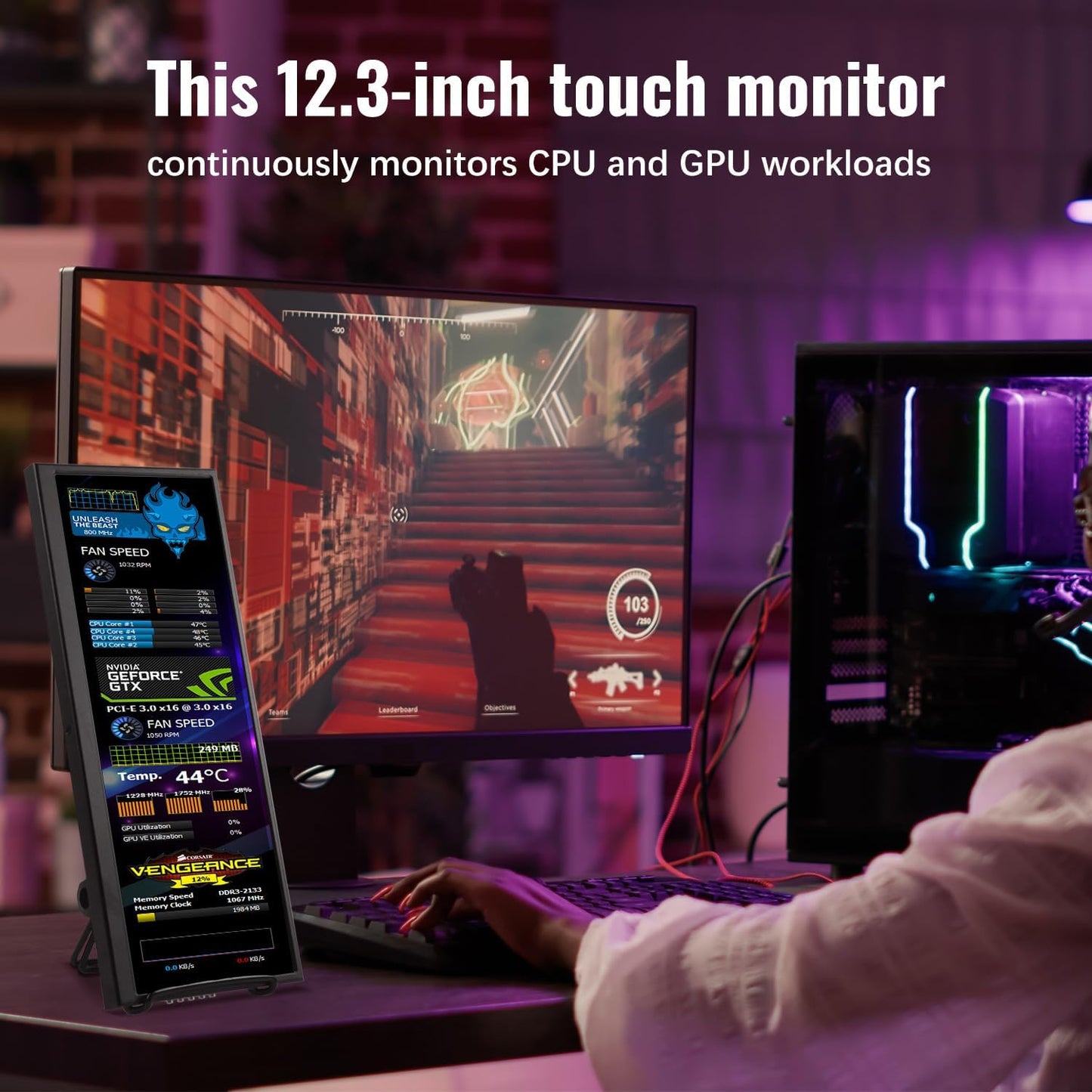 Prechen 12,3 inch draagbaar touchscreen secundaire monitor, mini HDMI, USBC, 1920 x 720 IPS Stretch Bar LCD Draagbaar Travel Touch Screen voor Laptop Computer Aida64 GPU CPU RAM Monitoring