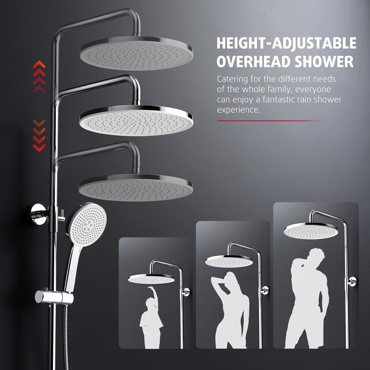 Rainsworth Douchesysteem met thermostaat, chroom, complete set met 30 cm, ronde regendouche, douchekop, 5 straalsoorten, douchekop, 92-126 cm in hoogte verstelbaar, regendouche met kraan, doucheset