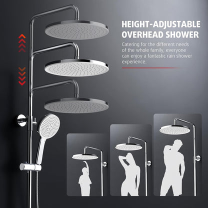 Rainsworth Douchesysteem met thermostaat, chroom, complete set met 30 cm, ronde regendouche, douchekop, 5 straalsoorten, douchekop, 92-126 cm in hoogte verstelbaar, regendouche met kraan, doucheset
