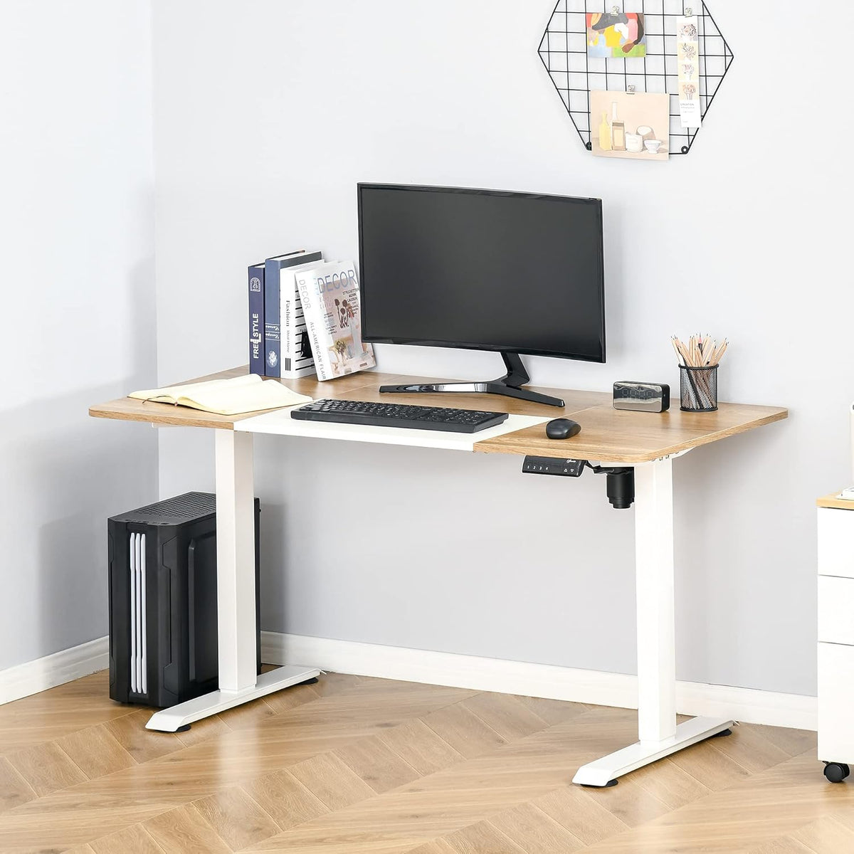 Computer table, electric desk, standing desk, height adjustable, table frame with motor, metal, natural + white - QUORE