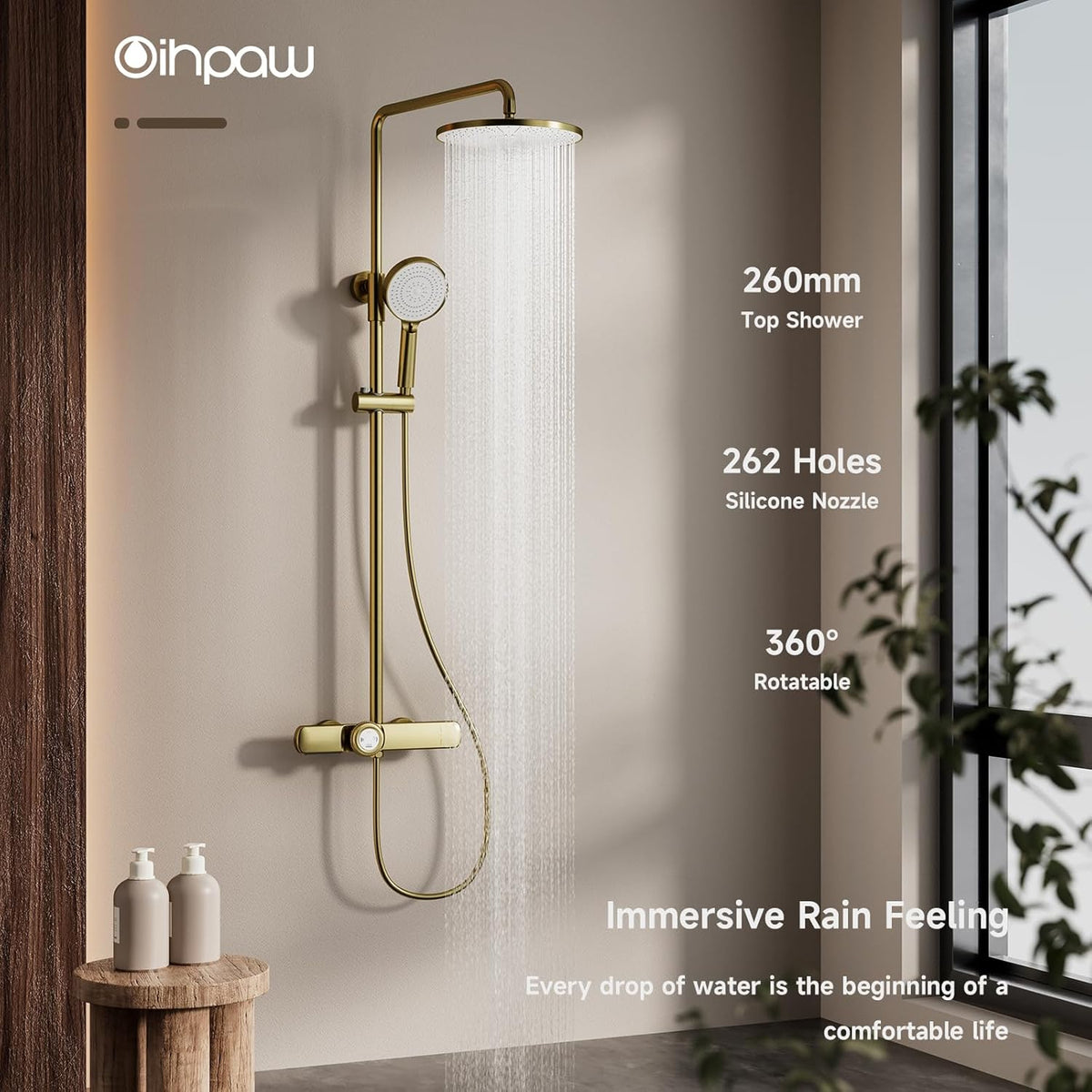 Douchemolom, goud geborsteld, thermostatische douchezuil, 3-in-1 douchezuil met grote regendouchekop 260 x 260 mm, douchestang met douchekop en handdouche, regendouche met accessoires
