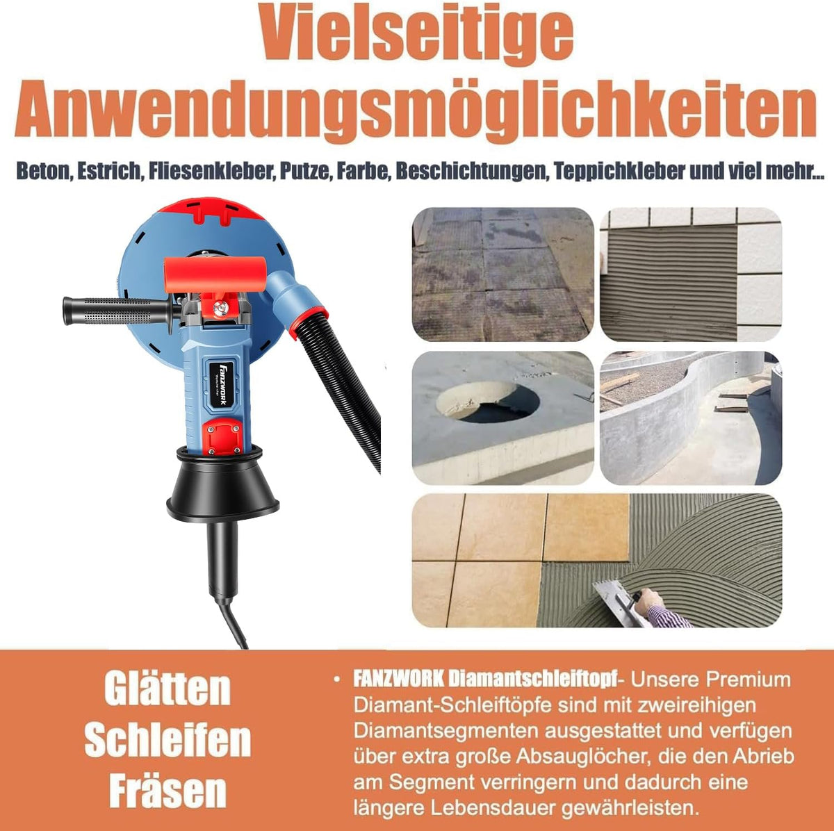 FANZWORK 2100 W/180 mm betonschuurmachine, betonfrees, incl. premium 180 mm diamantslijpkop *2, afzuigkap, T-vormige handgreep