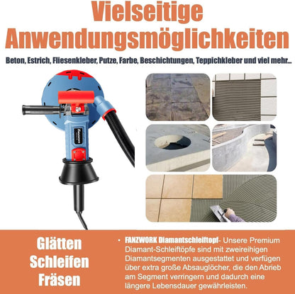 FANZWORK 2100 W/180 mm betonschuurmachine, betonfrees, incl. premium 180 mm diamantslijpkop *2, afzuigkap, T-vormige handgreep