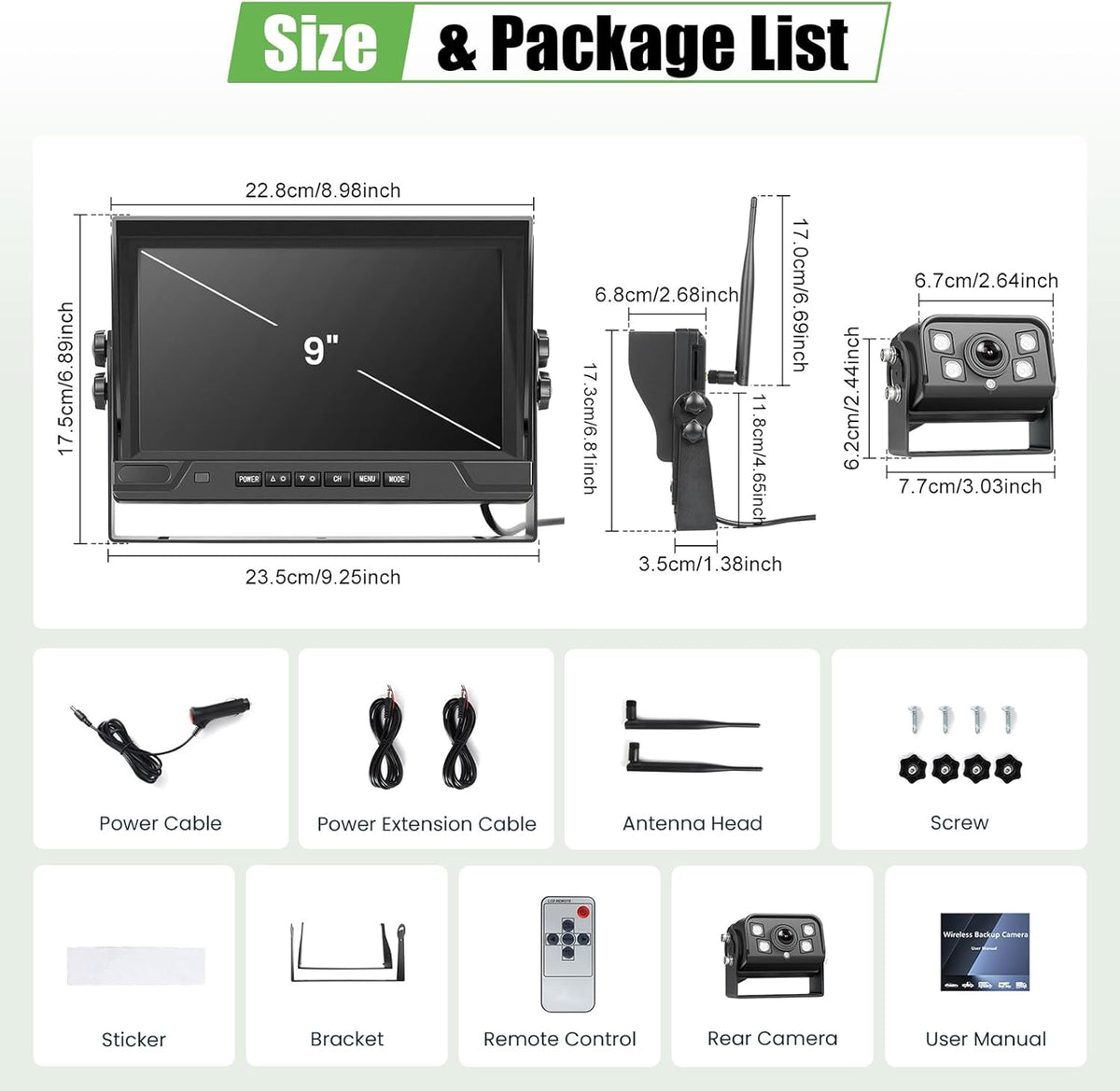 Draadloze achteruitrijcameraset, 9 inch IPS-display, met dodehoek-assistent, waterdicht, nachtzicht, groothoek, parkeerhulp, geschikt voor bussen, campers, aanhangers, vrachtwagens, 12 V - 24