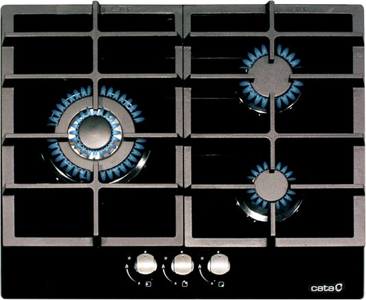 Gas kookplaat – Gasfornuis – Gaspitten – Kookplaat 3 pits – Gaskookplaat 59 cm – 3 pitten inclusief triple crown – Zwart glasoppervlak – 6,25 kW totaal vermogen
